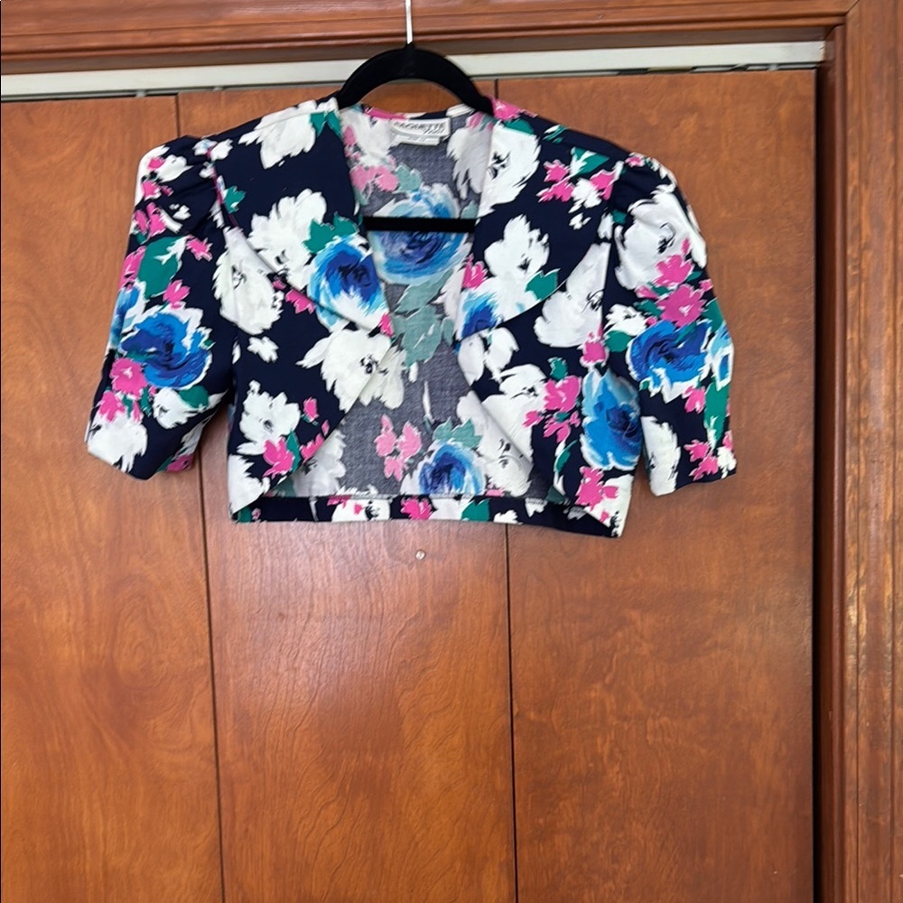 Pink and Blue Floral Midi Dress with Puff Sleeves H-17 - Picture 5 of 6